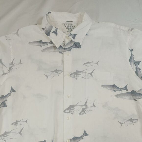 Nautica Voyage Shirt xxl mens Short Sleeve Fish pattern white button collared - Picture 1 of 8